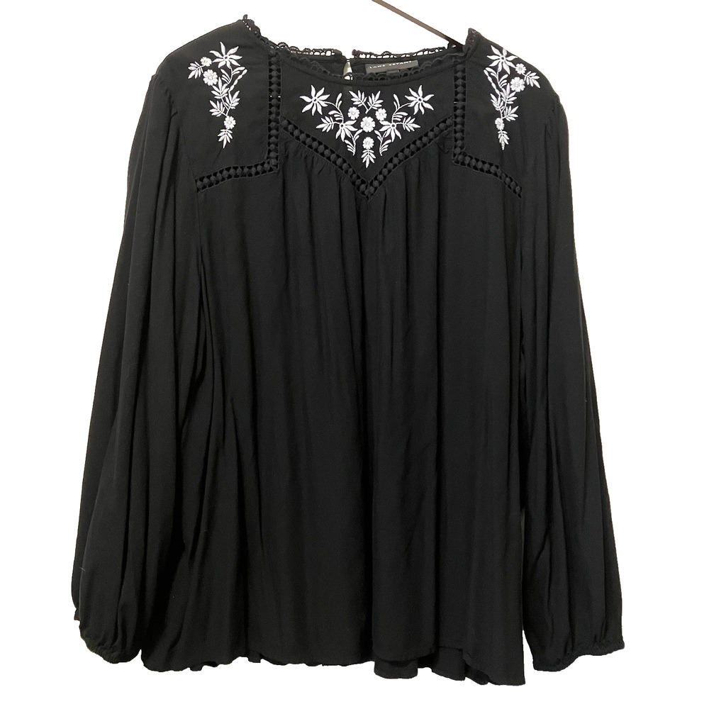 Lane Bryant Black Peasant Blouse White Embroidery Floral Whimsigoth Folk Sz 24